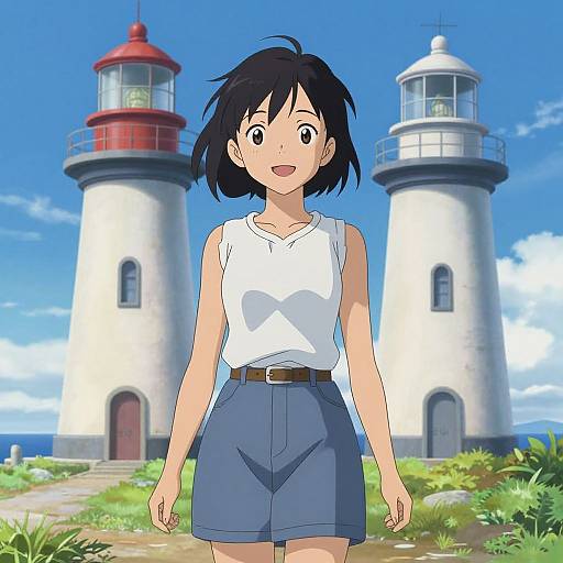 Anime-style digital drawing of a smiling girl with black hair, wearing a white sleeveless top and blue shorts, standing in front of two lighthouses