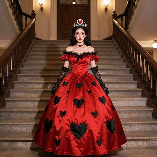 Photograph of a woman in a red, off-shoulder, heart-patterned ball gown, black lace gloves, tiara, standing on grand