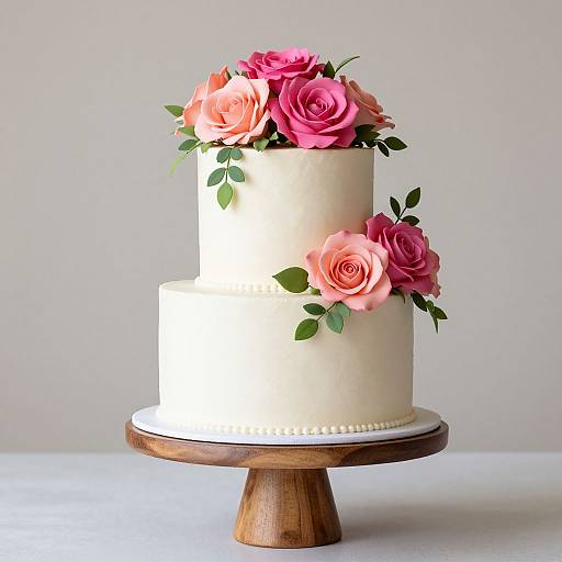 Photograph of a two-tiered white cake with pink and peach rose decorations, topped with green leaves, displayed on a wooden stand.