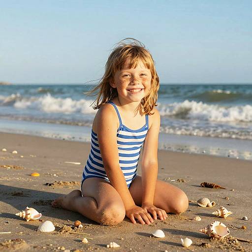 Photograph of a smiling young girl with shoulder-length blonde hair, wearing a blue and white striped swimsuit, kneeling on a sandy beach with seash