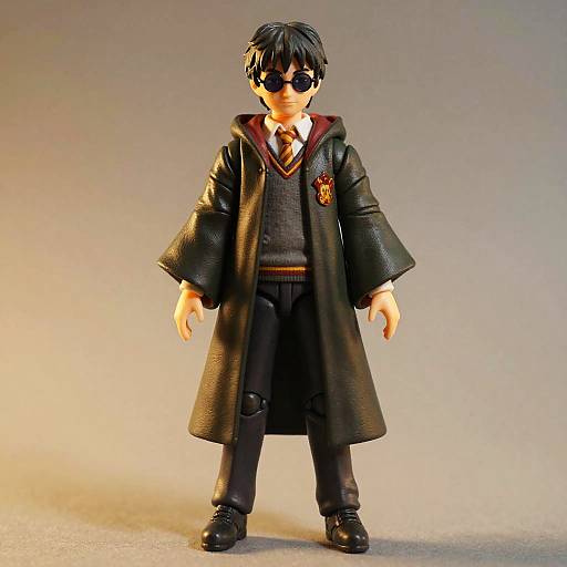 Photograph of a LEGO Harry Potter figure with black hair, sunglasses, black coat, maroon vest, and tie, standing against a gray background.