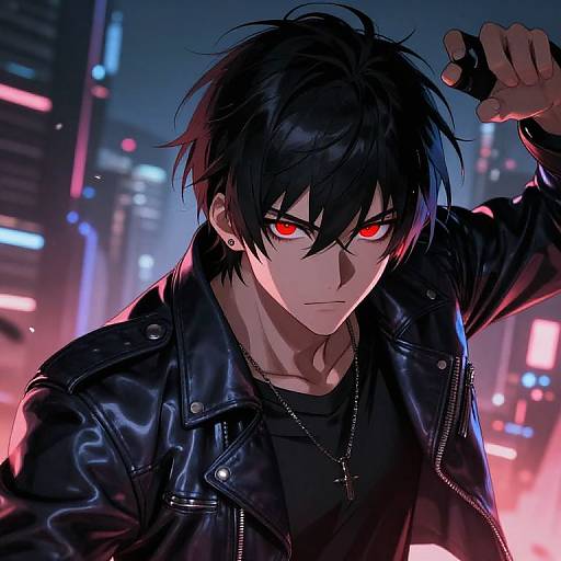 Anime-style digital artwork of a serious, black-haired, red-eyed young man in a black leather jacket, fist raised, neon cityscape background.