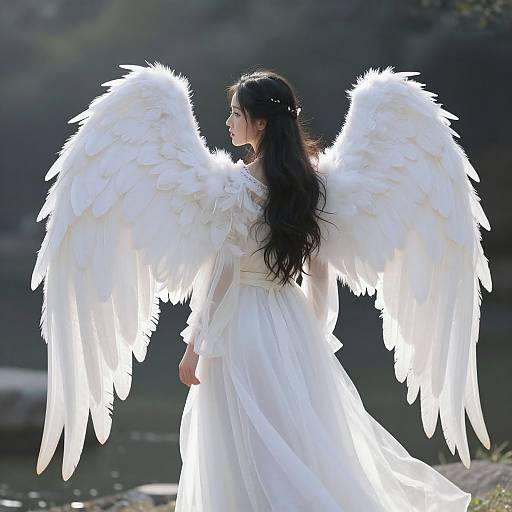 Woman with Majestic Angel Wings in White Dress