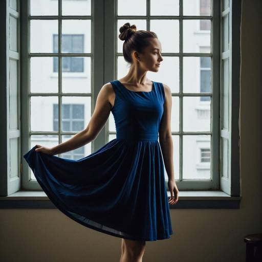 Woman in Navy Blue Dress by Window