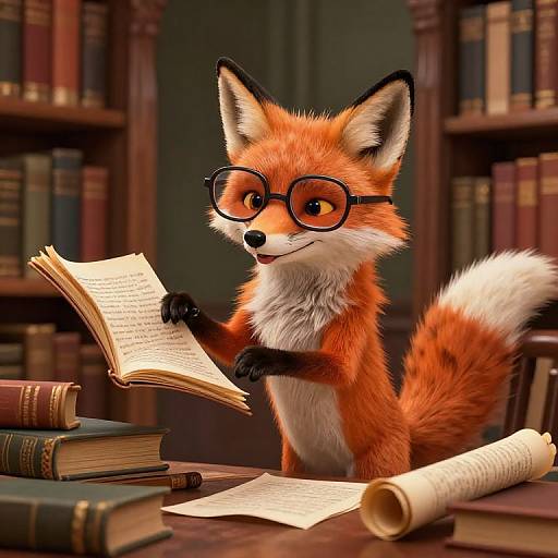 CGI image of an anthropomorphic fox with orange fur, black glasses, and white-tipped tail, reading a book in a library with old book