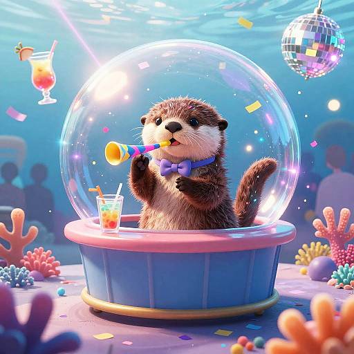 Cute cartoon otter in a bubble, wearing a purple bowtie, sipping a drink, underwater disco with colorful fish and confetti.