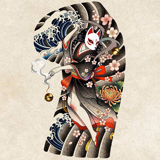 Digital anime-style illustration of a white-masked, red-eyed female figure with floral and wave patterns, wearing a black kimono with red accents and gold