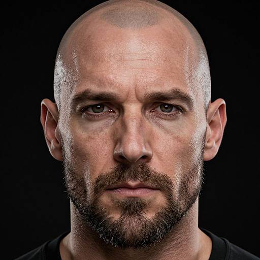 Photograph of a bald, bearded man with a serious expression, close-cropped headshot against a black background, visible pores and subtle texture on