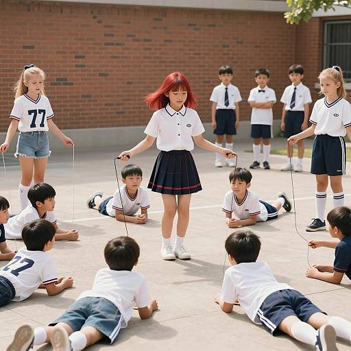 Children Playing Jump Rope in Schoolyard