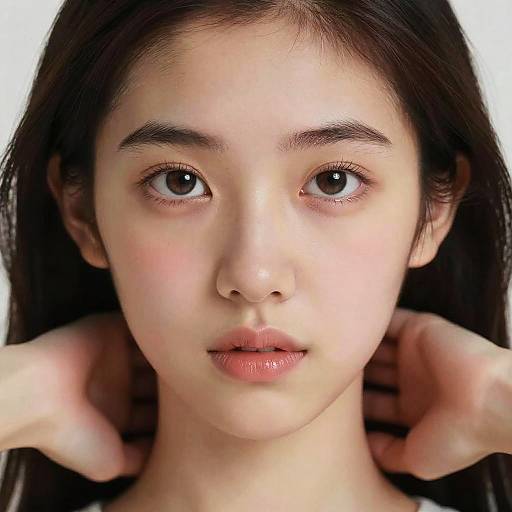 Close-up photograph of a young Asian woman with fair skin, dark brown eyes, and long black hair, gently touching her ears, with a neutral expression