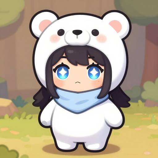Chibi anime girl with large blue eyes, black hair, wearing a white bear costume and blue scarf, standing in a colorful forest.