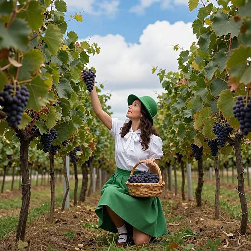 Photograph of a young woman with curly hair, wearing a white blouse, green skirt, and green hat, picking grapes in a vineyard under a