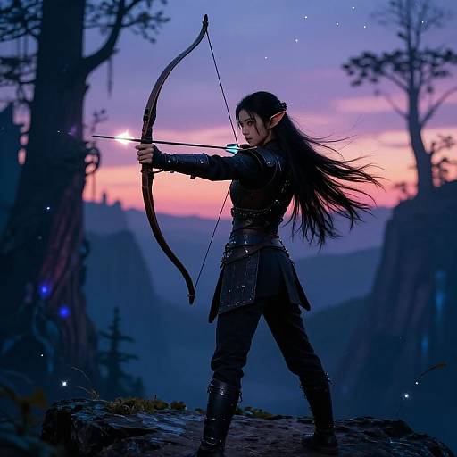 Elegant elf archer with long black hair and pointed ears draws a glowing bow at twilight in a mystical forest. Digital art.
