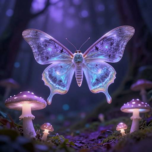 Glowing blue butterfly with iridescent wings hovers above bioluminescent mushrooms in a mystical, dark forest illuminated by purple light.