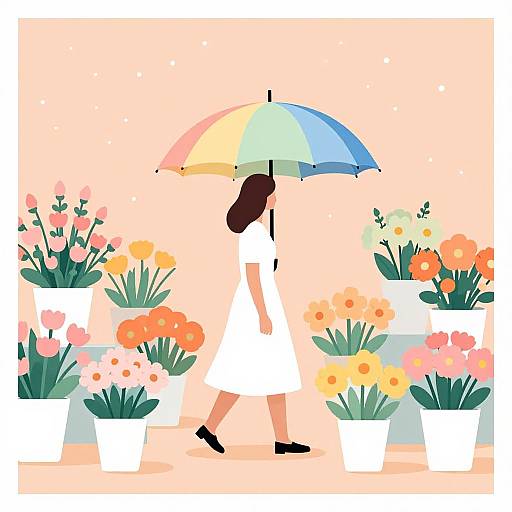 Digital illustration of a woman in a white dress holding a rainbow umbrella, walking past vibrant flower pots with pink, orange, and yellow flowers against a peach