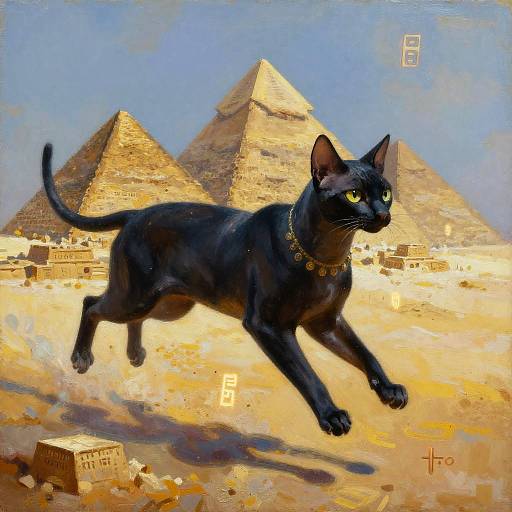 Digital painting of a sleek black cat with green eyes, wearing a golden collar, running in front of two pyramids in a sandy desert with small ancient