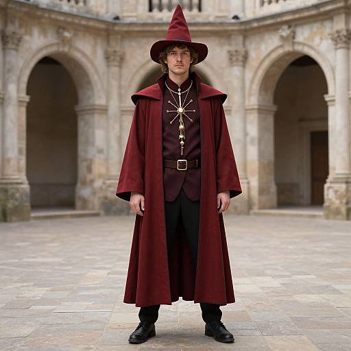 Photograph of a young man in medieval wizard attire, wearing a red hat and long coat, standing in a stone courtyard with arched architecture.