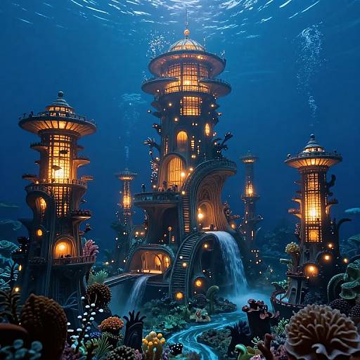 Underwater fantasy cityscape with illuminated, towering lantern-like buildings, cascading waterfalls, vibrant coral reefs, and glowing lights in a deep blue ocean