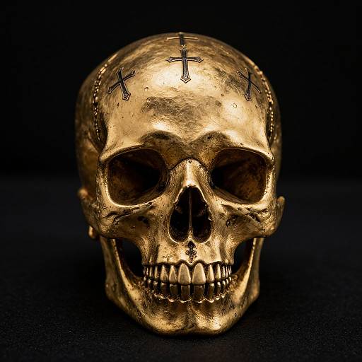 Photograph of a gold-plated skull with black cross stitches on the forehead and temples, set against a black background.