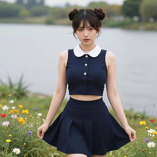Photograph of an Asian woman with black hair in buns, wearing a black sleeveless crop top and skirt, standing in a colorful flower field by