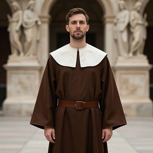 Man in Brown Robe by Statues