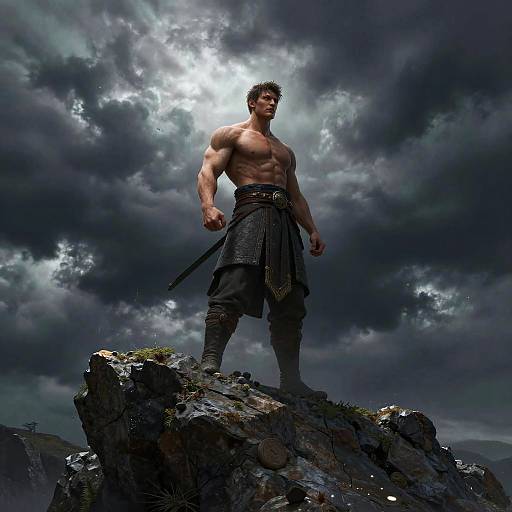 Epic Barechested Warrior on Cliff