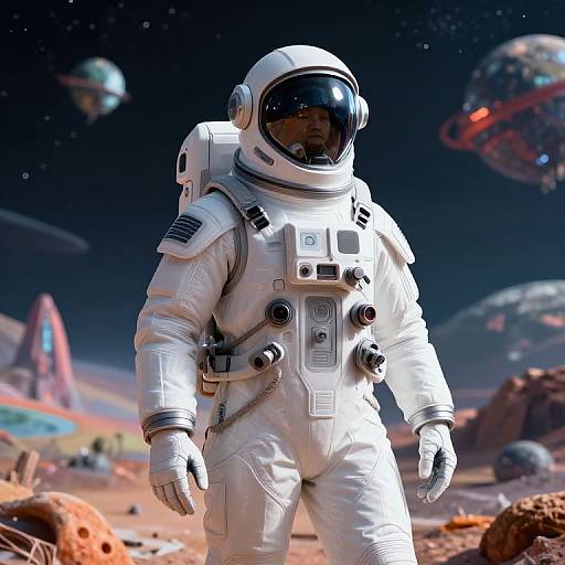 CGI image of an astronaut in a white spacesuit standing on a rocky, alien planet with colorful planets and space debris in the background.