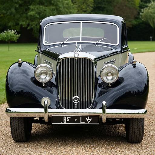 Photograph of a vintage black vintage car with chrome accents, headlamps on, license plate 
