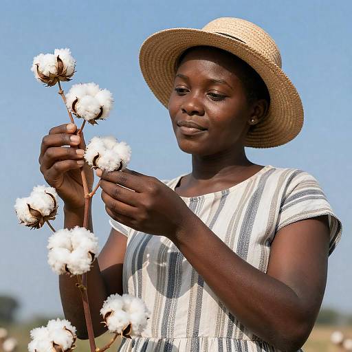 Focused Woman Inspecting Cotton Flowers