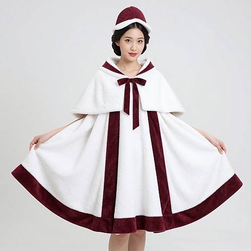 Photograph of an Asian woman wearing a white and maroon hooded dress with a wide skirt, maroon trim, and matching hat, smiling against