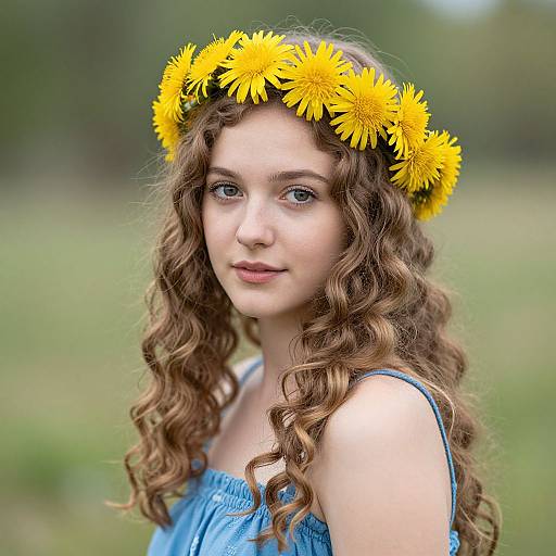 Photograph of a young woman with curly brown hair, wearing a blue dress, and a yellow daisy flower crown, set against a blurred green outdoor