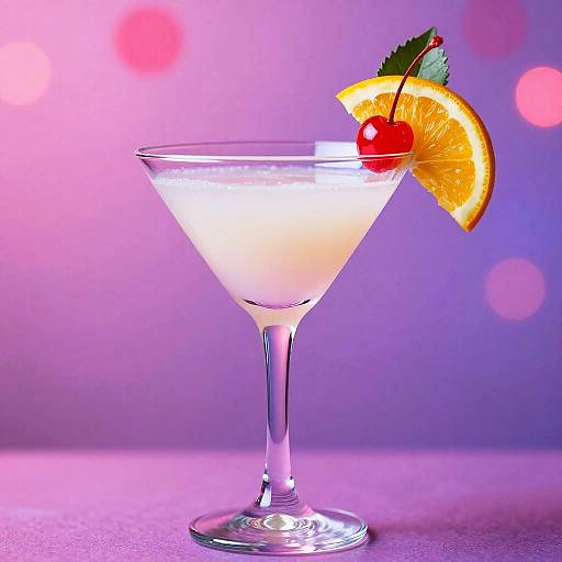 Photograph of a clear martini glass with a bright orange citrus slice and red cherry garnish, set against a pink-purple bokeh background.