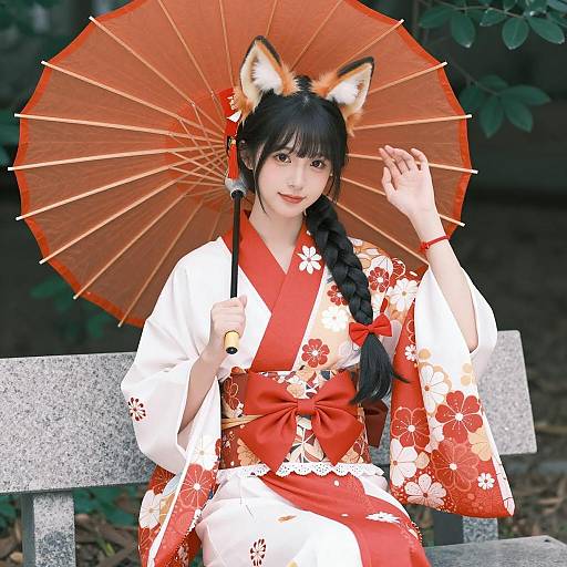 Asian Woman in Traditional Japanese Kimono with Fox Ears