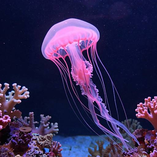 Photograph of a vibrant pink and purple jellyfish with flowing tentacles, floating above a colorful coral reef in a dark, starry ocean background.