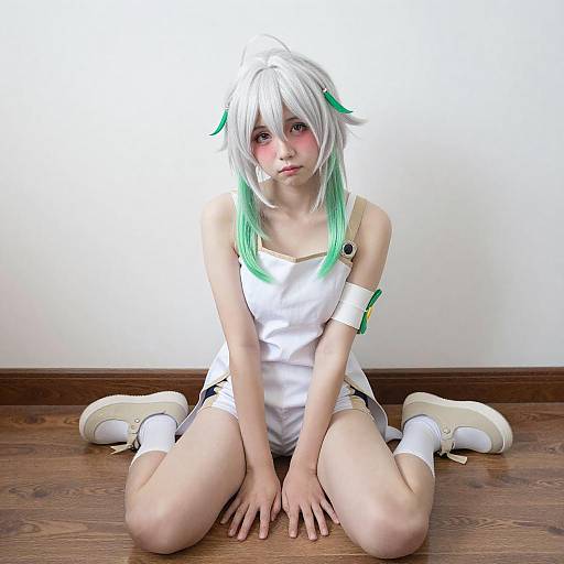 Shy Cosplayer with White and Green Hair