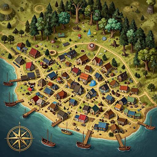 Colorful, detailed overhead map of a coastal village with houses, boats, trees, and a compass in the bottom left corner.