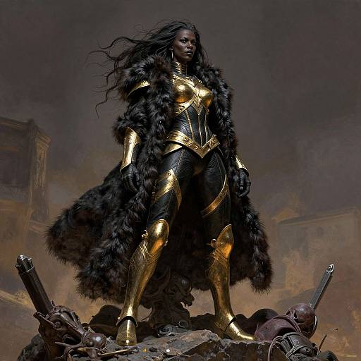 Digital illustration of a powerful, dark-skinned woman in gold armor and a black fur cloak, standing over defeated enemies on a rocky battlefield.