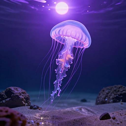 Photograph of a glowing, purple-tinged jellyfish with translucent bell and long, flowing tentacles, illuminated by an underwater purple light, floating