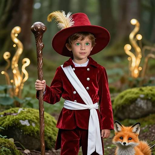 Photograph of a young boy in a red velvet outfit with a white sash, large hat with feather, holding a wooden staff, standing in a