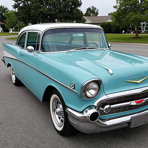 Photograph of a mint blue 1950s Chevrolet Bel Air with white roof, chrome accents, and white-walled tires, parked on a suburban