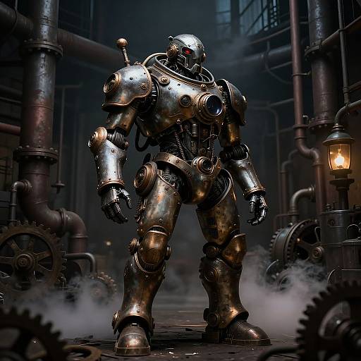 Steampunk Mech Suit in Industrial Factory