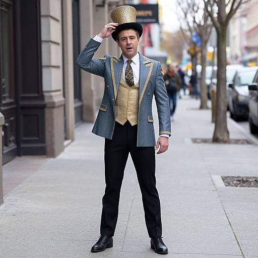 Photograph of a man in a Victorian-style blue jacket, gold vest, black pants, and gold top hat, standing on a city sidewalk, sal