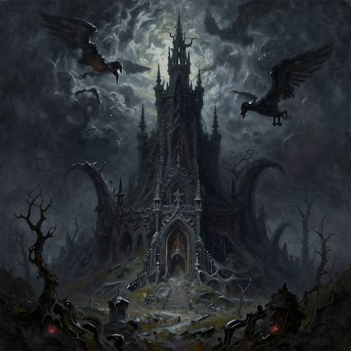 Dark, gothic digital painting of a foreboding, black Gothic castle under a stormy moonlit sky, with flying black ravens and eerie