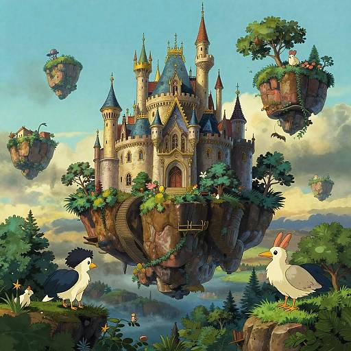 Fantasy Floating Castle with Forest Spirits