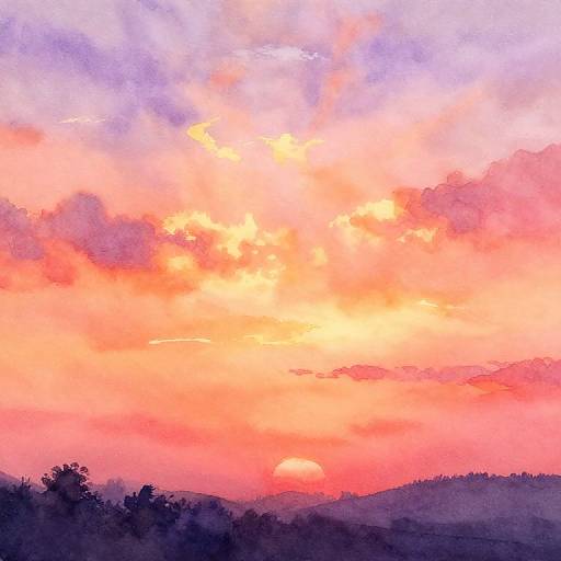 Watercolor-style sunset photograph with vibrant pink, orange, and purple clouds over dark, silhouetted hills and trees. Soft, dreamy texture