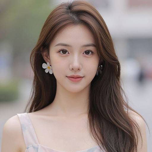 Photograph of a young Asian woman with long brown hair, fair skin, wearing a white dress and daisy earrings, smiling softly in a blurred outdoor