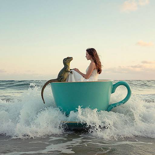 Photograph of a woman in a white dress, sitting in a large turquoise teacup, holding a lizard, on a wavy ocean shore at