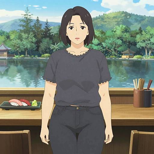 Lanky Woman in Casual Streetwear at Sushi Bar