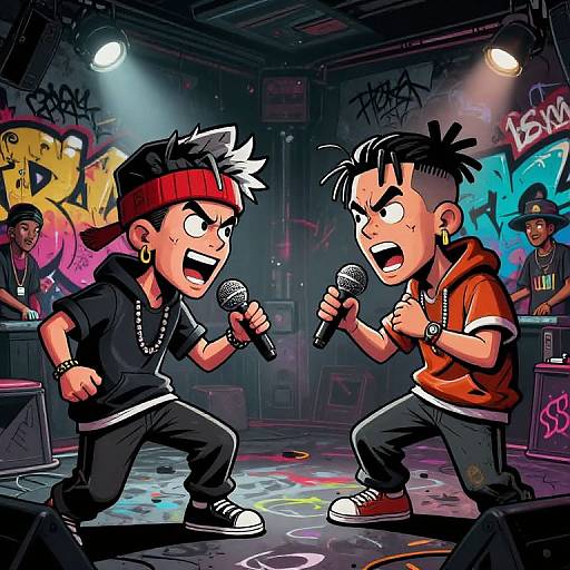 Cartoon-style digital artwork of two intense, rival male rappers with spiked hair, one in black, one in red, yelling into microphones in