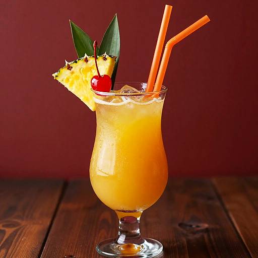 Photograph of a tropical cocktail with orange straw, pineapple wedge, cherry, and green leaves, set on a wooden table against a red background.